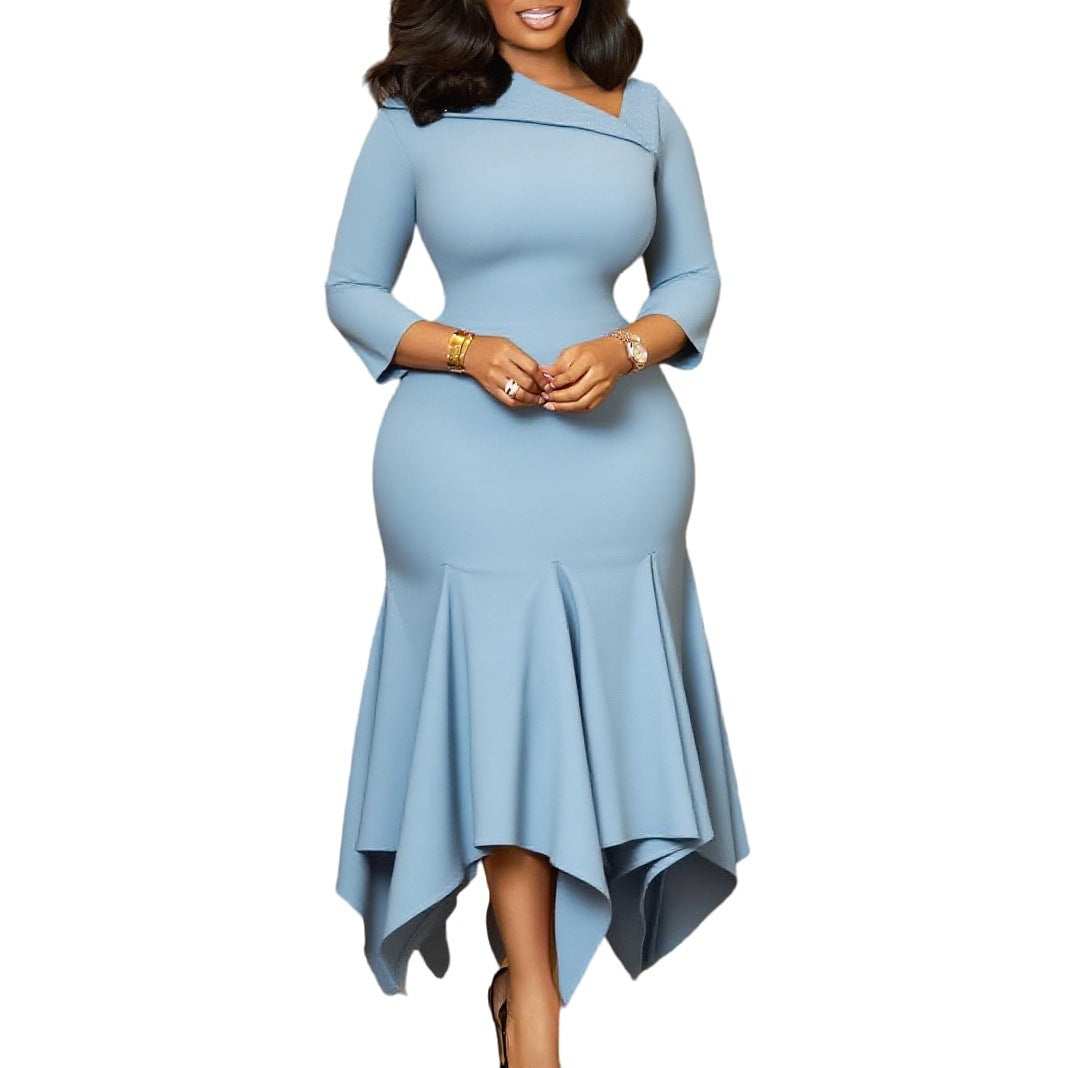 Women's Collar Solid Color High Waist Irregular Dresses