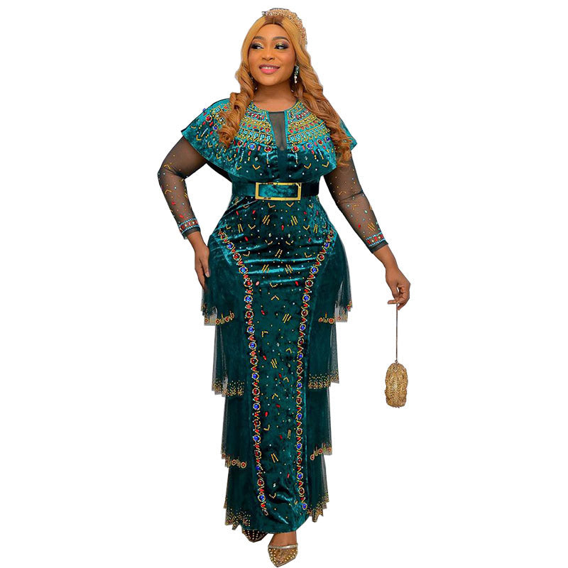Women's Luxury Rhinestone Beaded Round Neck Long Dresses