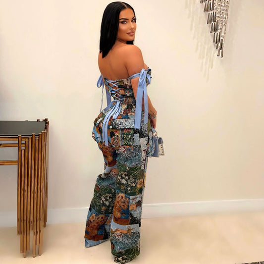 Women's Sexy Print Backless Lace Up Two-piece Suits