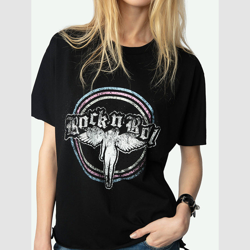 Women's Spring French Niche Angel Discharge Print Printed Rhinestones Slit Blouses