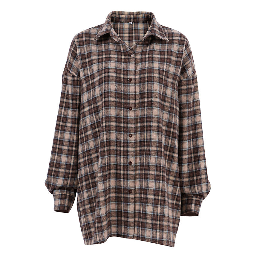 Women's Beauty Retro Plaid Shirt Long Design Blouses