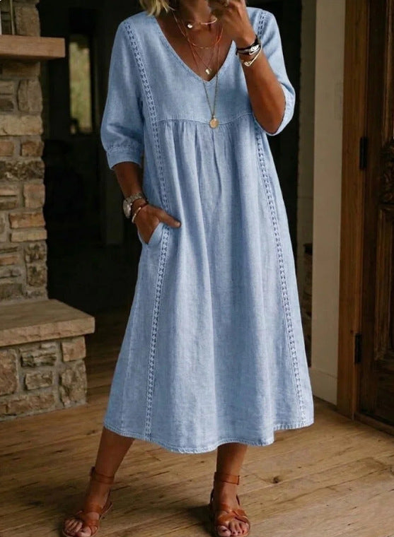 Casual Loose Stitching Lace Cotton Linen Dress