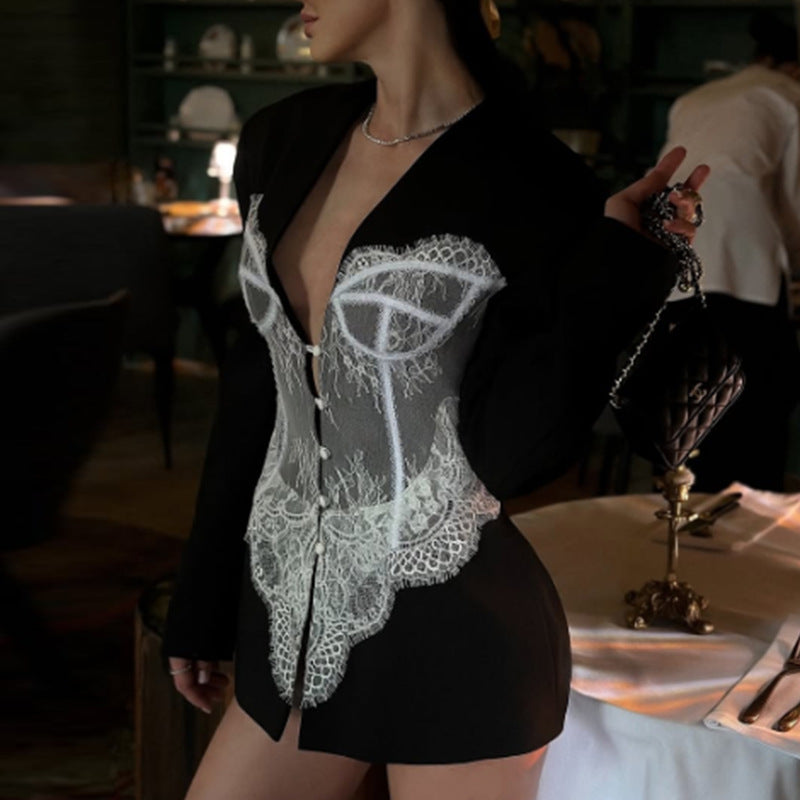 Women's Lace Stitching Fishbone Slim Fit Fashion Blazers