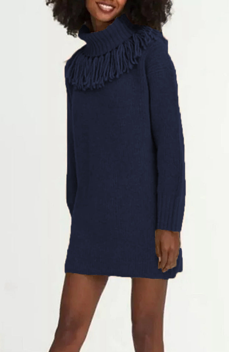 Knitted Tassel Bucket Turtleneck Dress Mid-length Women's Sweater