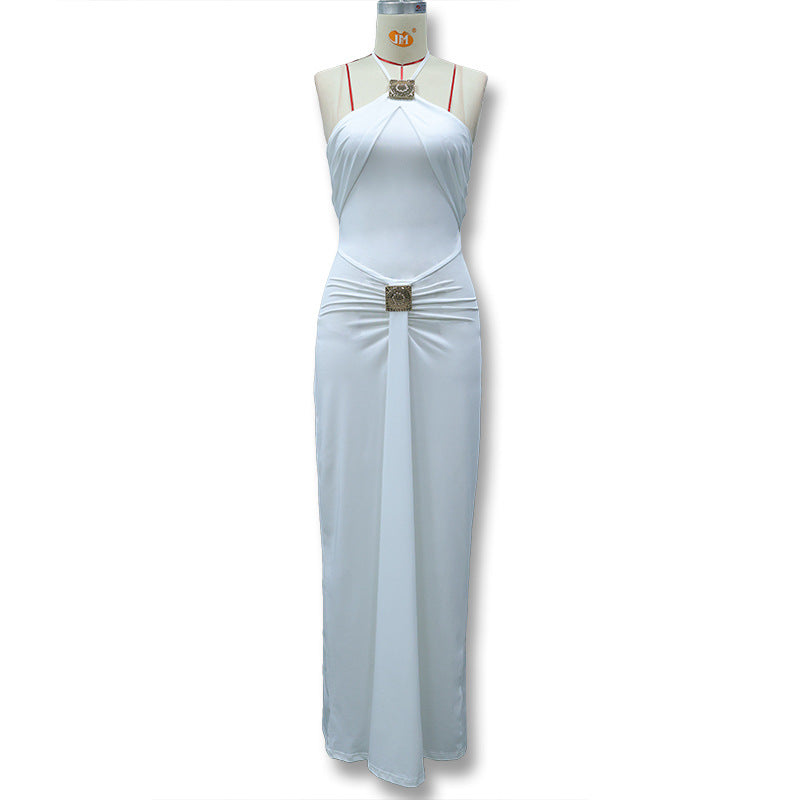 Women's Temperament Pure Color Sleeveless Waist Sexy Dress