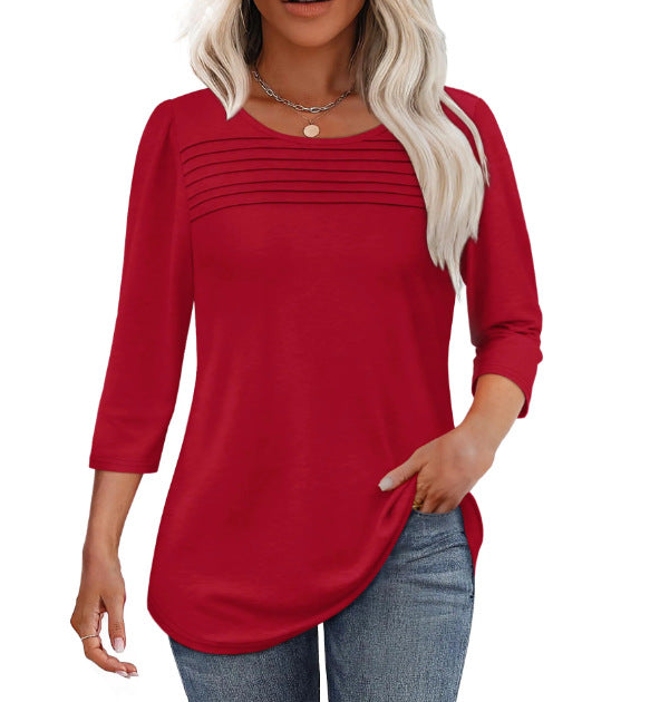 Solid Color Round Neck Long-sleeved Striped Blouses