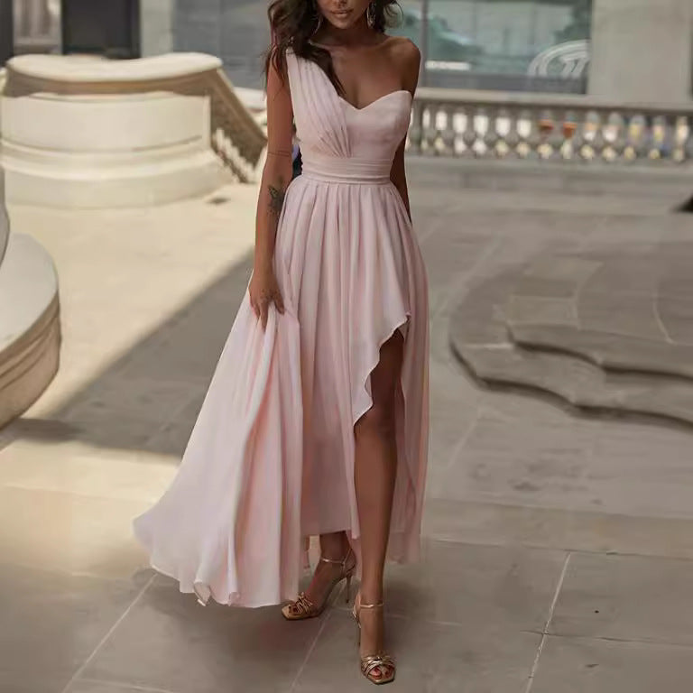 Color Chiffon Oblique Shoulder Long Irregular Dresses