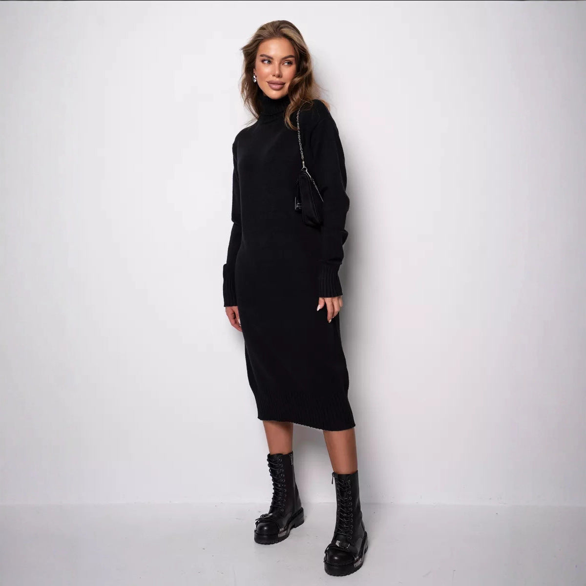 Women's Knitted Long Turtleneck Straight Loose Dress Women's Sweater
