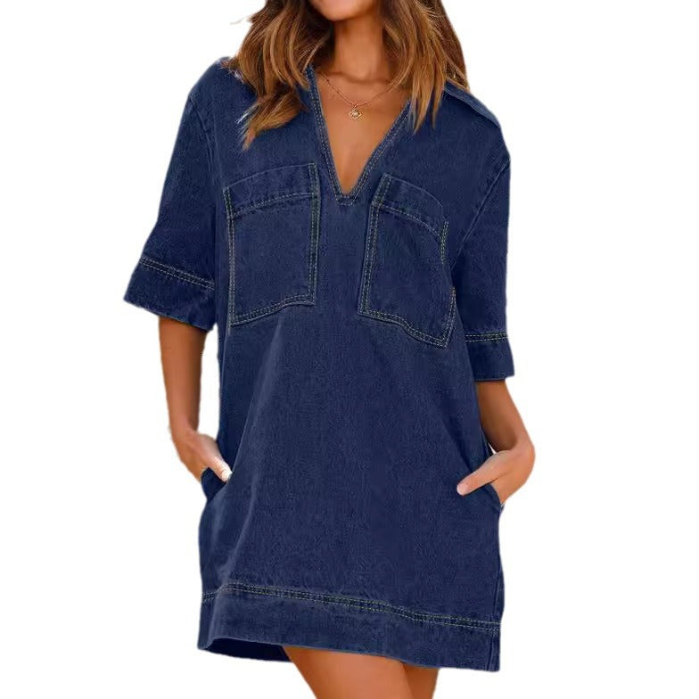 Women's Style Lapel Sleeve Loose Denim Dress Shorts