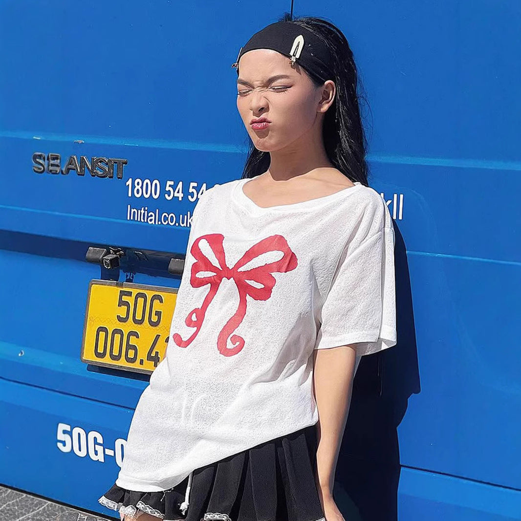 Women's Bow Print Diagonal Collar Sleeve For Sweet Cool Blouses