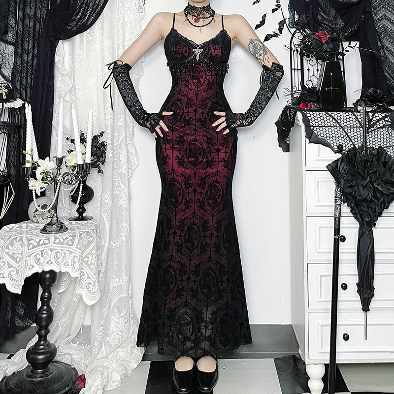 Women's Dark Goth Style Flocking Suspender Dress Dresses