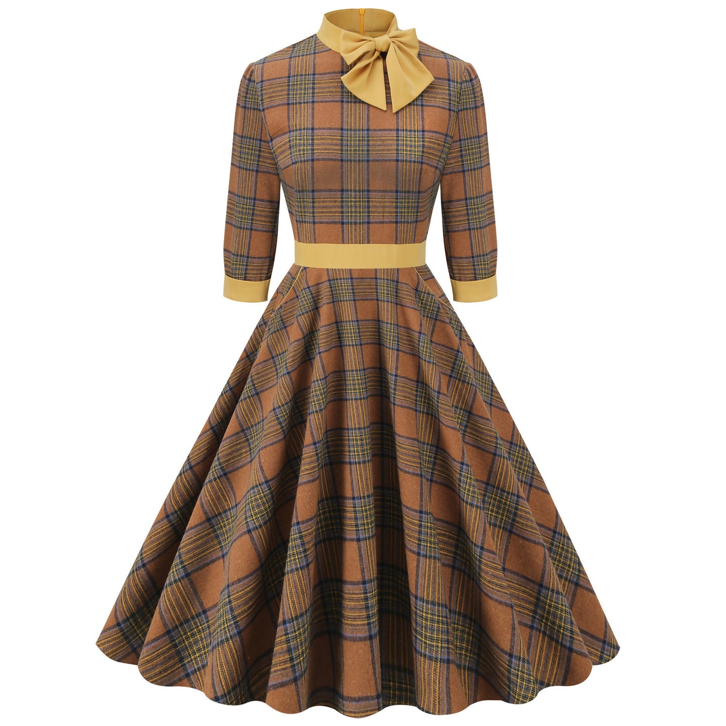 Plaid Turtleneck Green Sleeve Hepburn Style Color Collision Design Artistic Dress