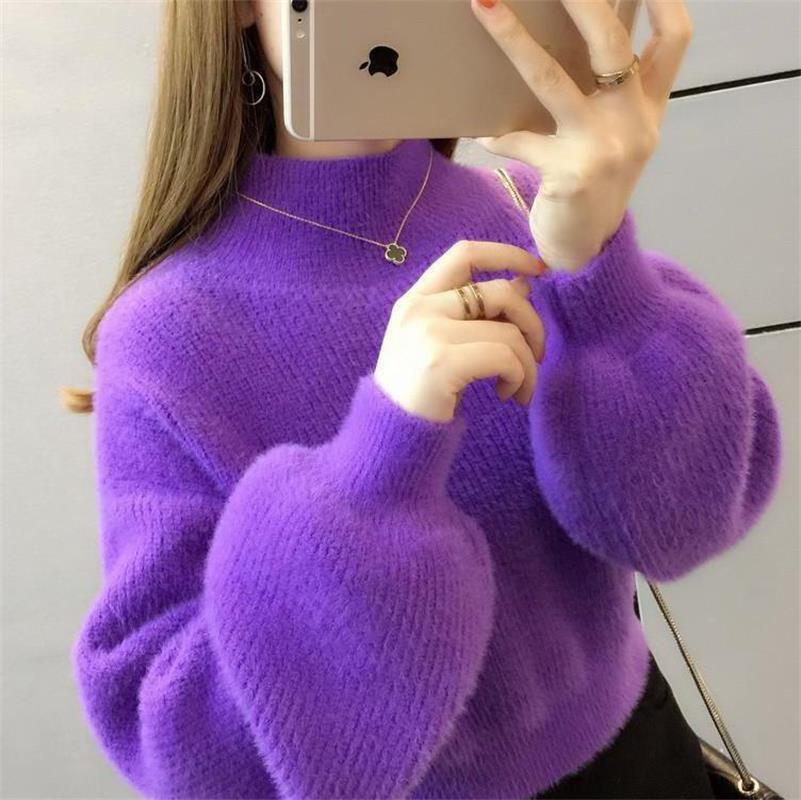 Women's Lantern Sleeve Loose Outer Wear Half Turtleneck Base Knitting Korean Sweaters