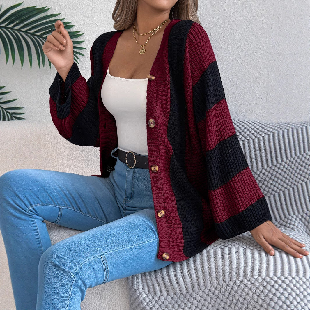 Women's Contrast Color Striped Flared Sleeve Mid-length Clothing