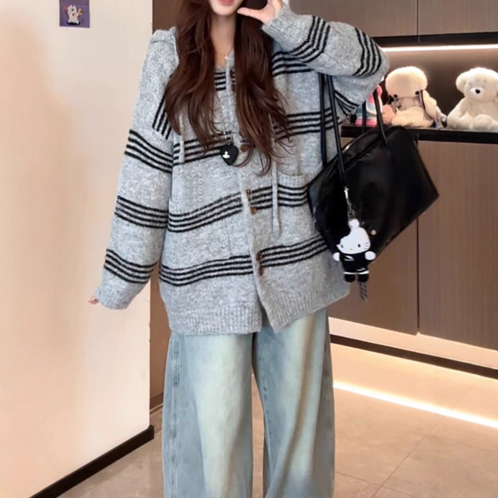 Women's Idle Style Mixed Color Stripe Hooded Long Sweater