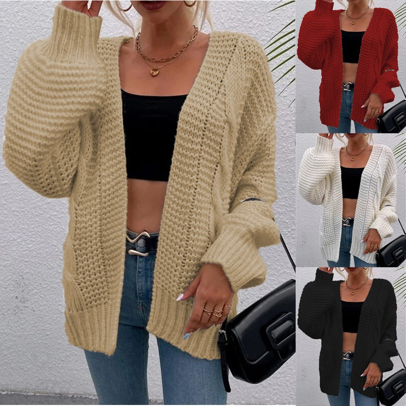 Women's Casual Long Sleeve Thick Knitted Twine Rope Loose Lantern Cardigans