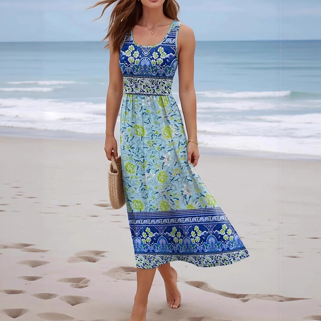 Women's Printed Seaside Beach Sleeveless Long Jumper Dress