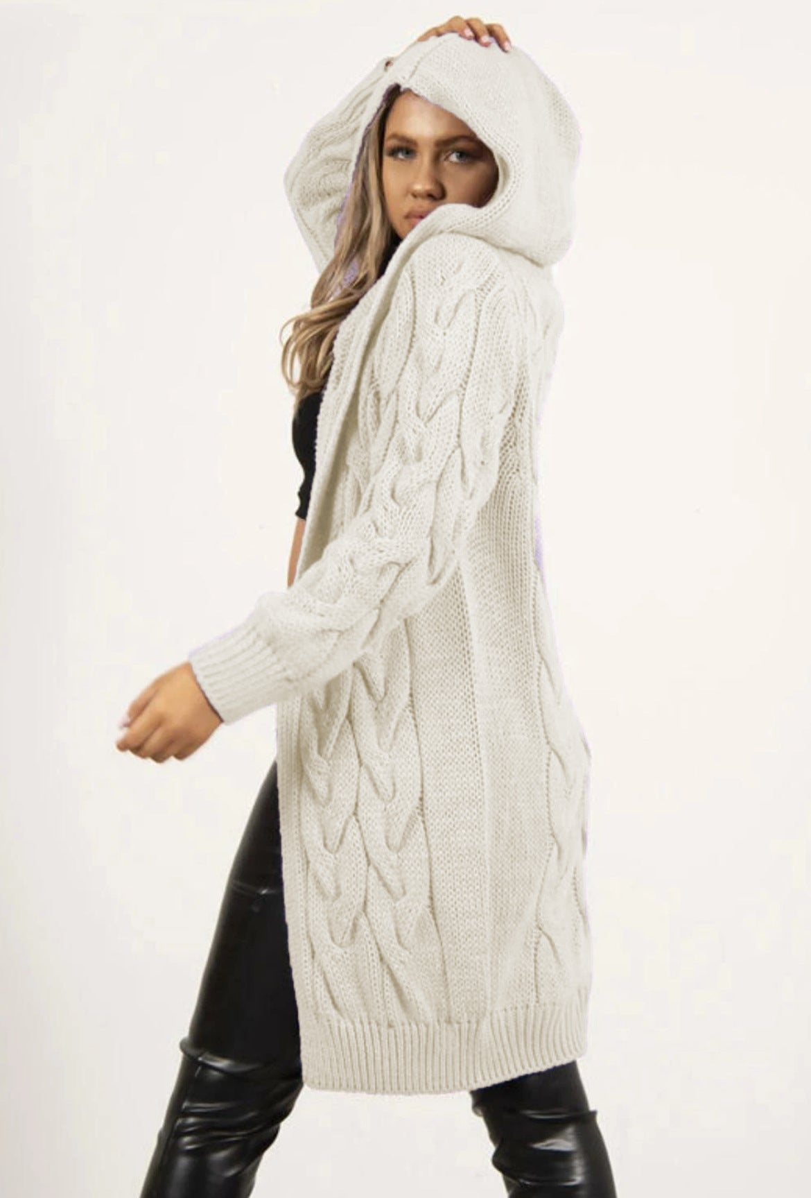 Women's Twist Braid Idle Style Hooded Mid-length Women's Sweater