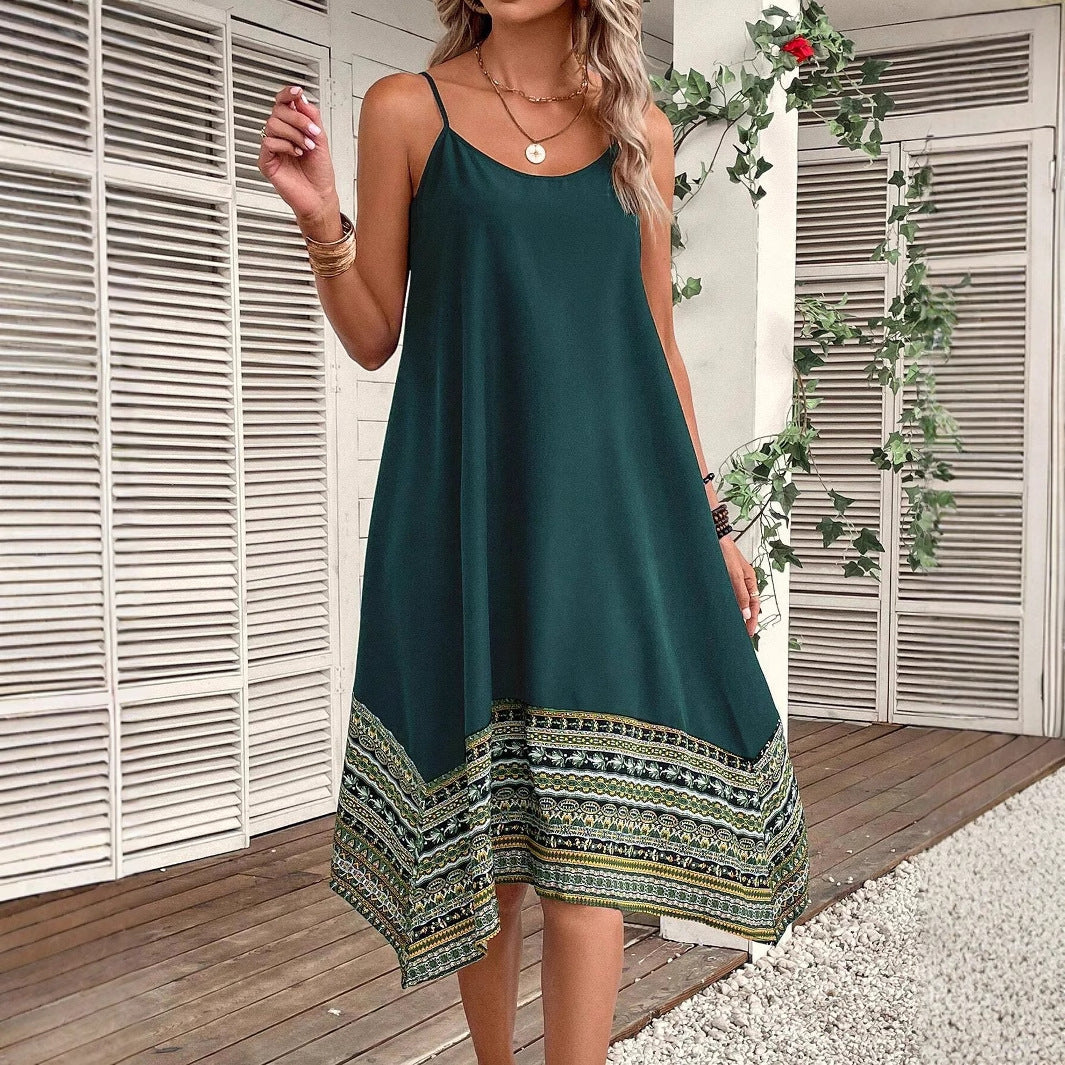 Summer Sling Stitching Printing Irregular Hem Dress