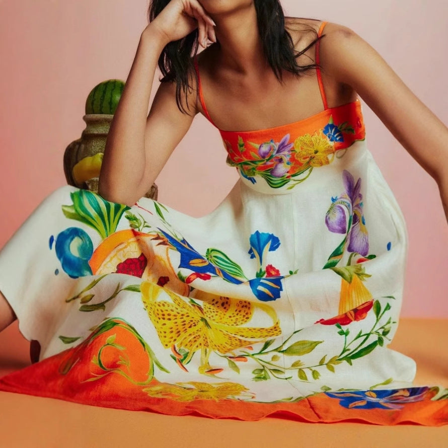 Women's Casual Beach Style Printed Large Swing Strap Dress