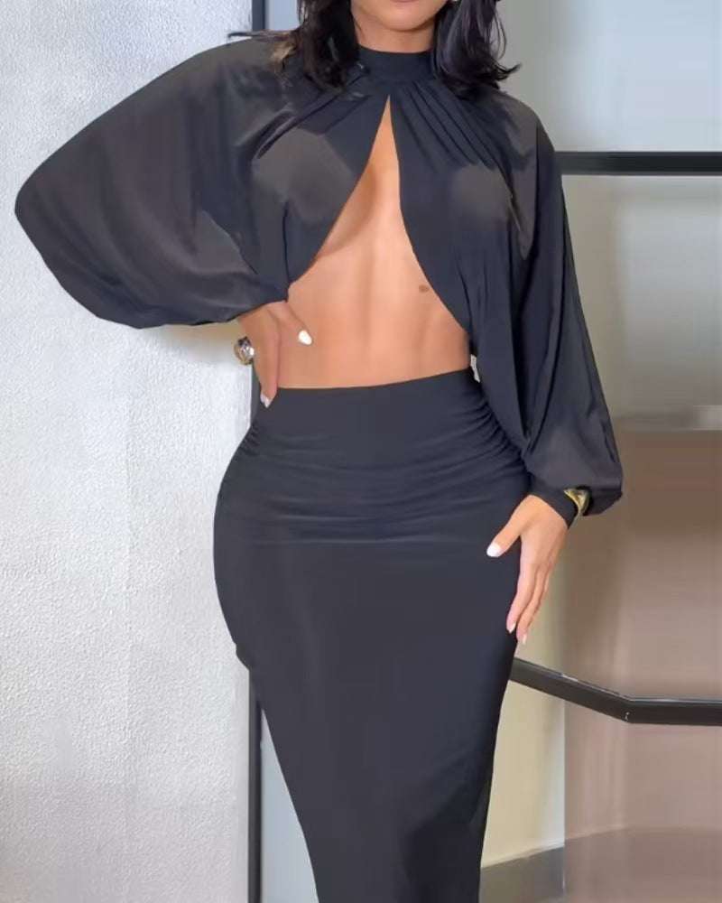 Solid Color Round Neck Sexy Slim Fit Fashion Casual Suit