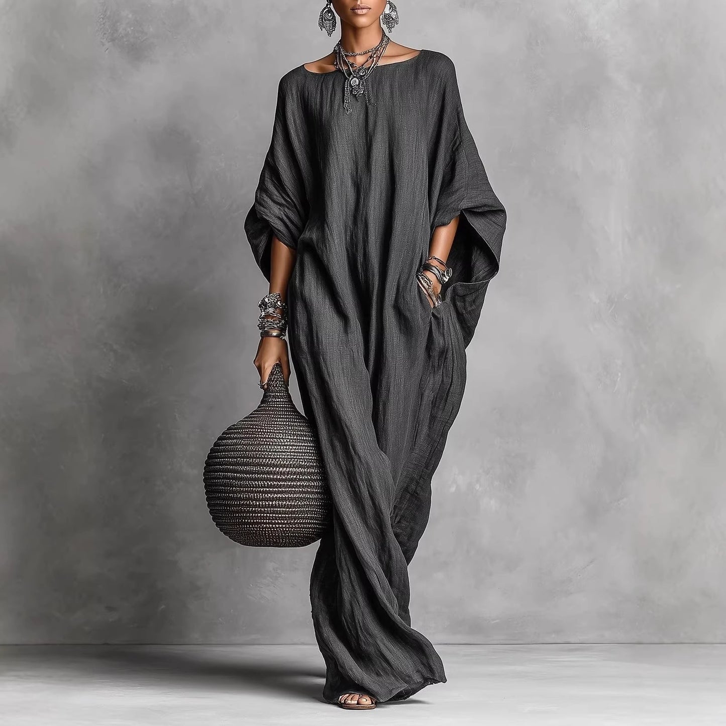 Women's Retro Solid Color Temperament Long Sleeve Dress