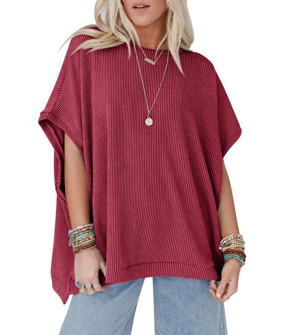 Women's Solid Color Knitted Oversized Pullover Batwing Blouses