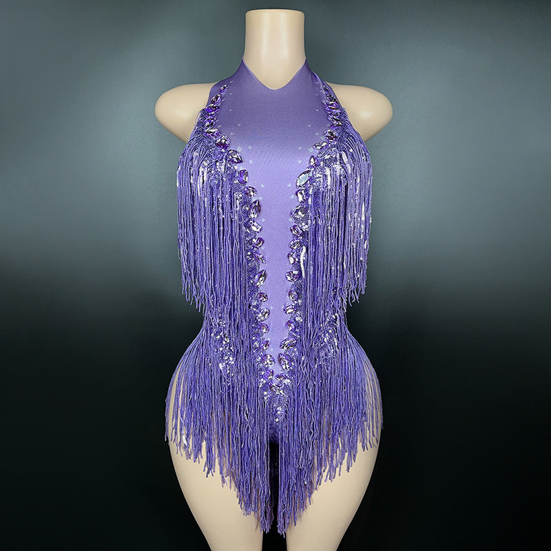 Shining Diamond Tassel Round Neck Elegant Jumpsuits
