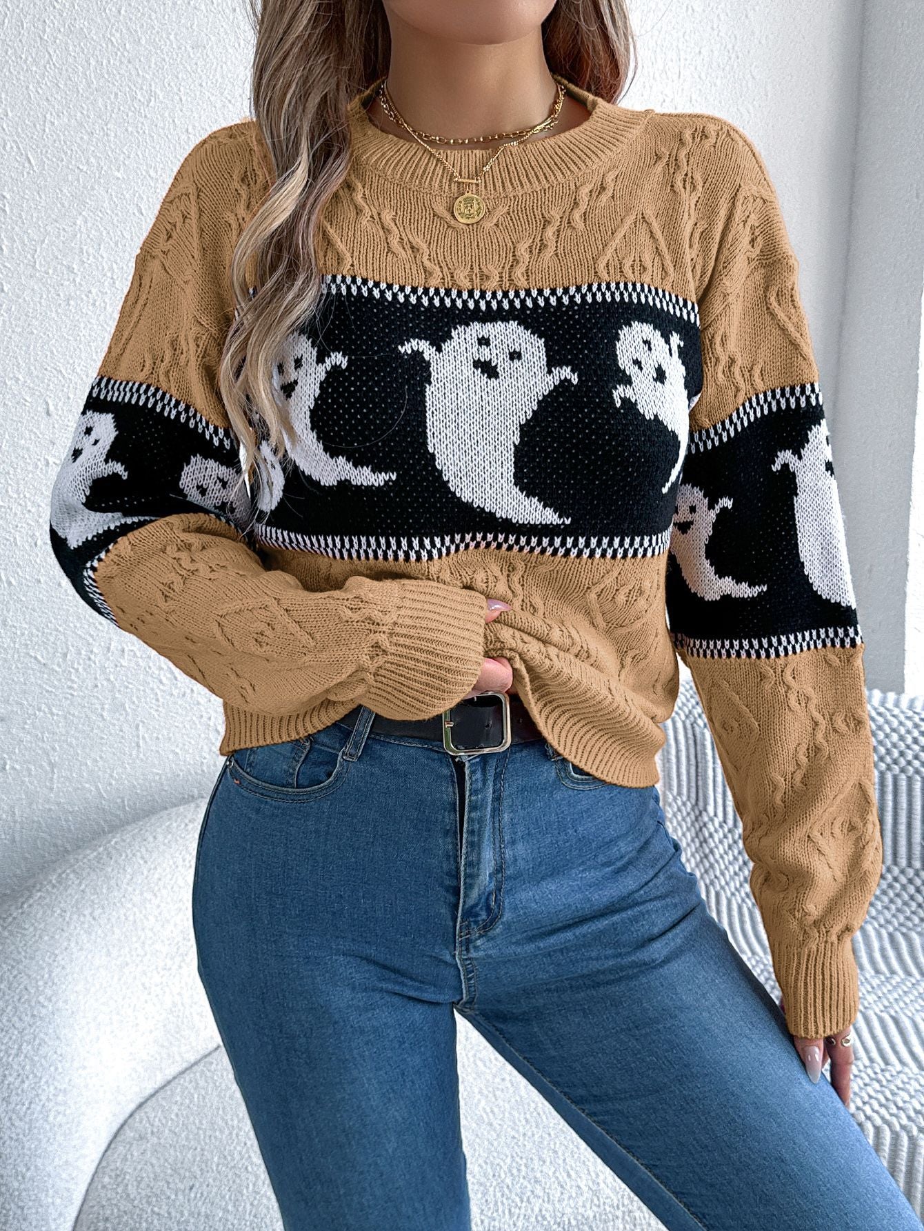 Women's Halloween Theme Ghost Contrast Color Long Sleeves Sweater