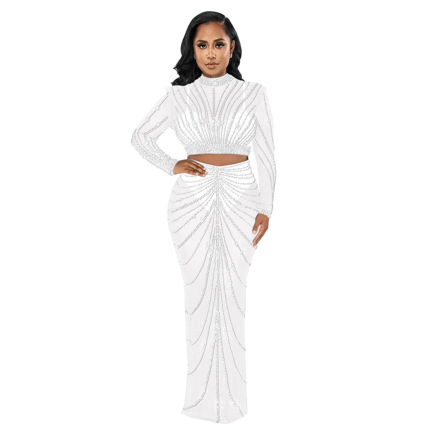 Women's Wear Mesh Hot Drilling Long Sleeve Suits