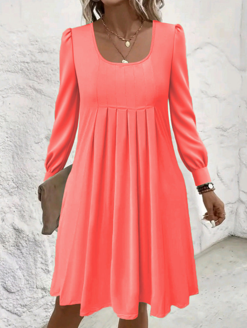 Popular Long Sleeve Fashionable Pleated Mid-length Dress