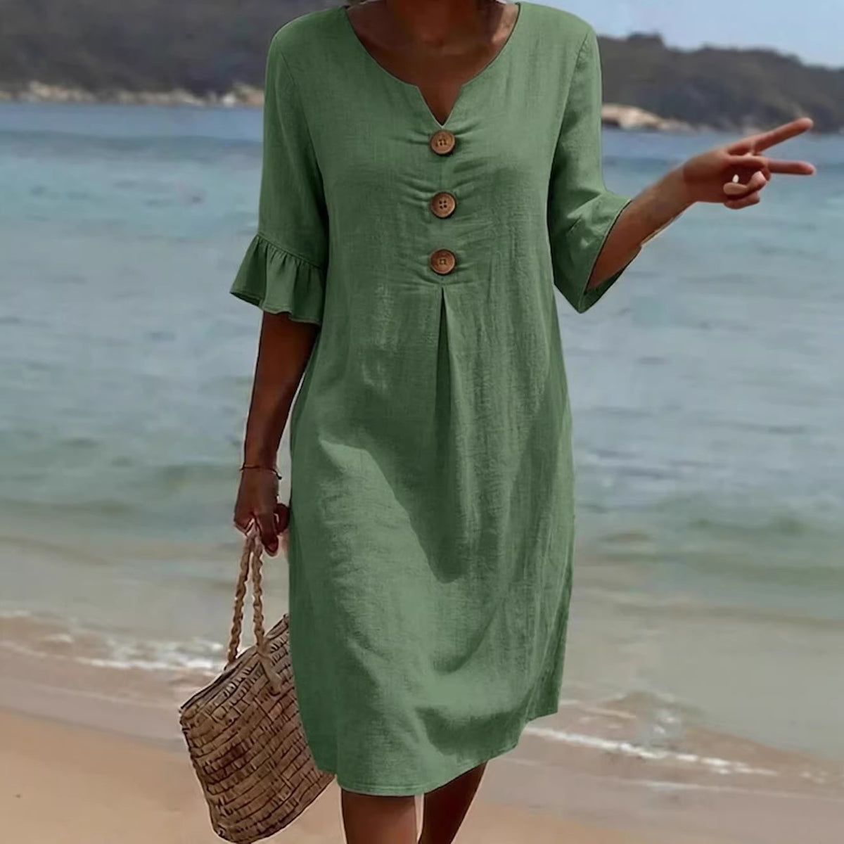 Women's Cotton Linen Large Buttons Ruffle Sleeve Dress