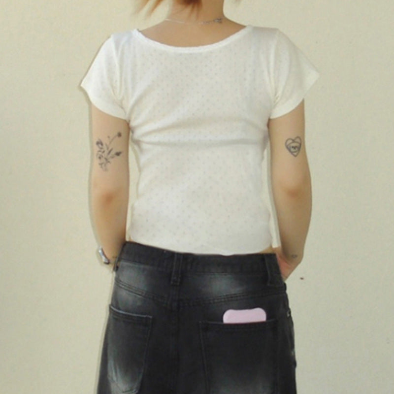 Style Hollow Texture Lace Stitching Peach Collar Pure Want Tops
