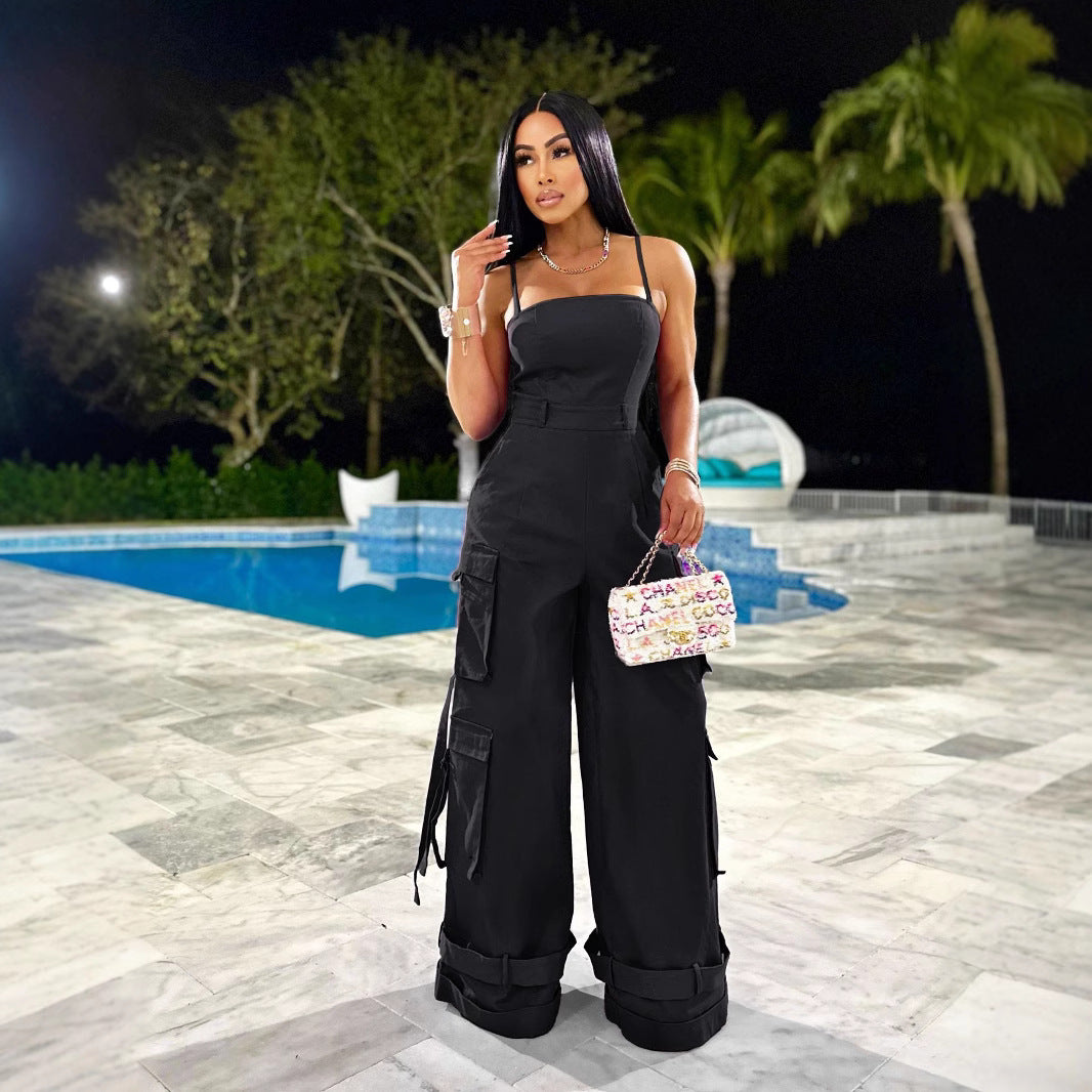 Fashion Casual Solid Color Loose Zip Jumpsuits