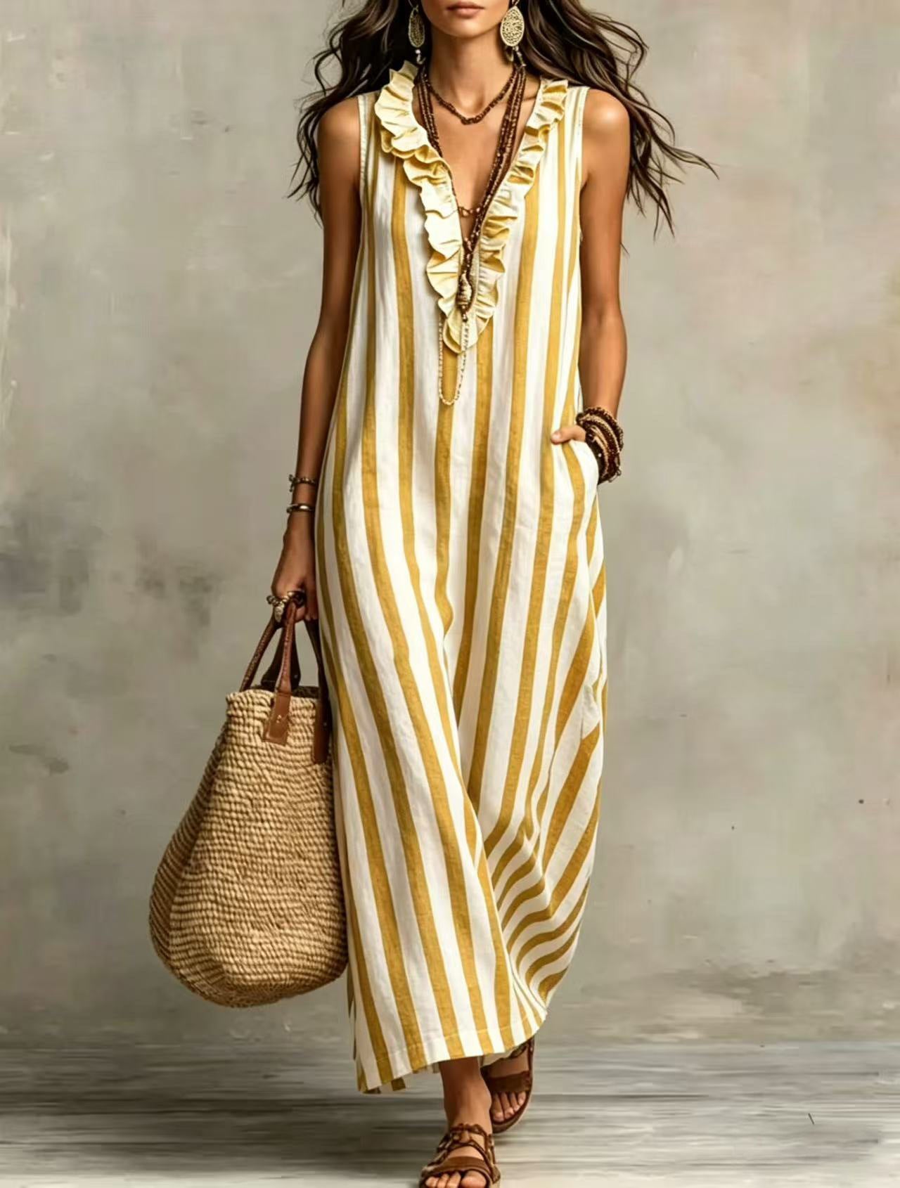 Summer Bohemian Style Vertical Stripes Ruffled Dress
