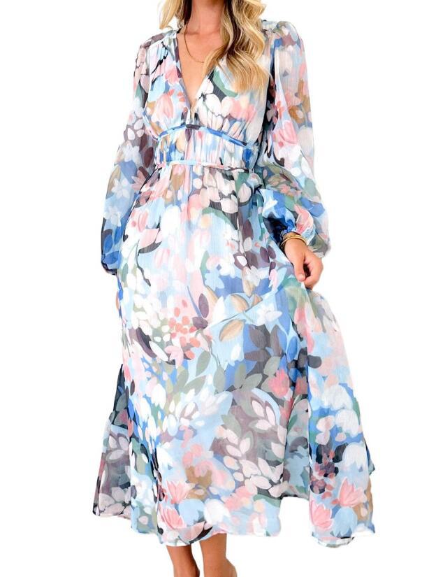 Women's Bohemian Style Deep V Printed High Waist Dresses