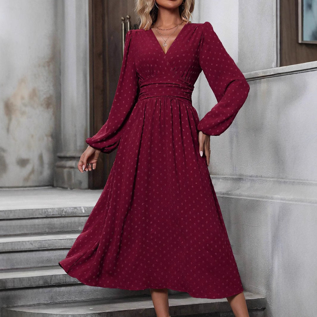 Women's Diagonal Collar Lantern Sleeve Elegant Slimming Dress