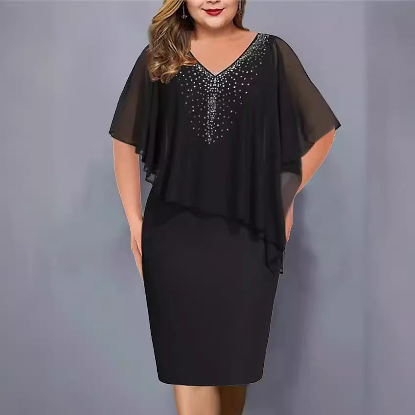 Women's Chiffon Stitching Rhinestone Irregular Half Sleeve Dresses
