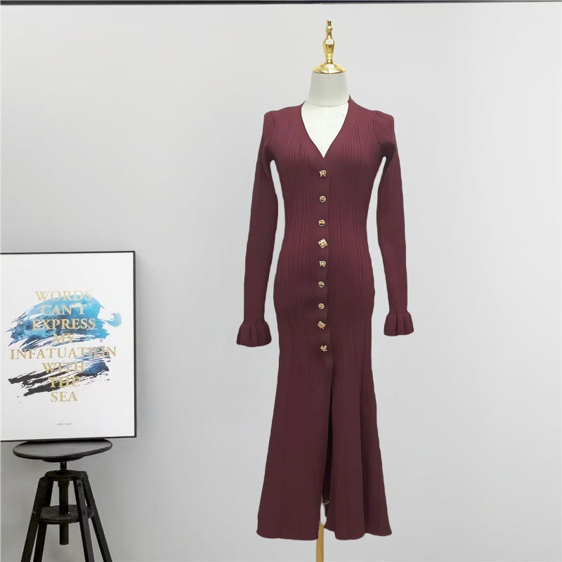 French Entry Lux Thin Glittering Line Long Sleeve Slimming Dresses