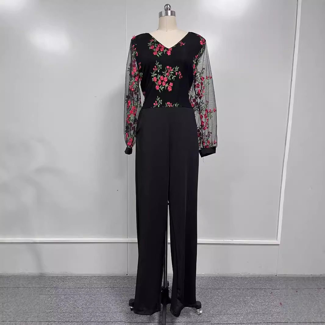 Stitching Printed Sleeve Long Fashion Close-fitting Jumpsuits