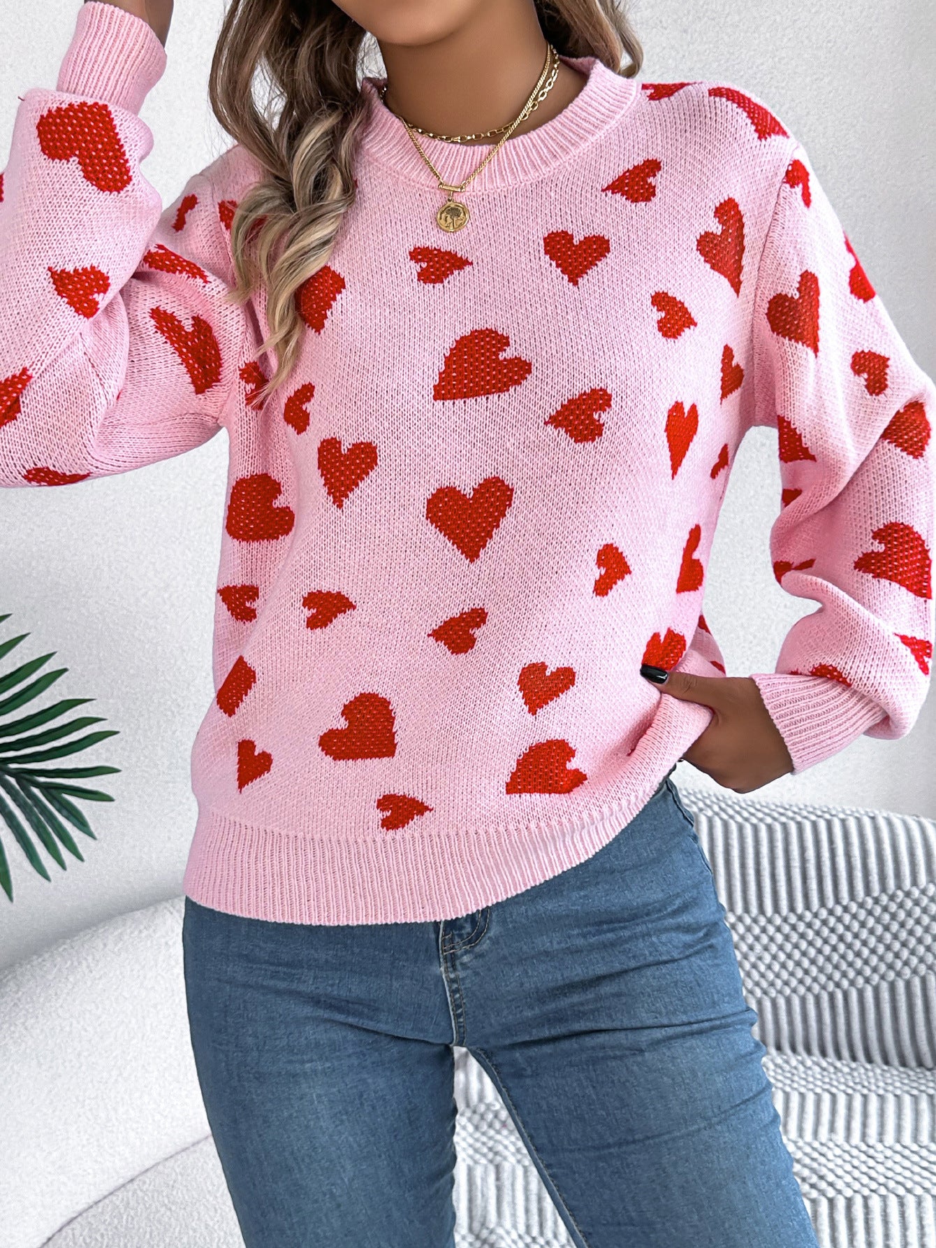 Clearance Casual Contrast Color Love Lantern Sleeve Pullover Sweater