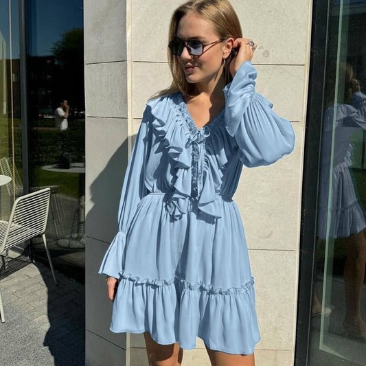 Women's Fashionable Pleating Bell Sleeve Ruffled White Dresses
