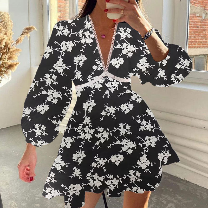 Women's Spring Sweet Printed Lace Long Sleeve Dresses