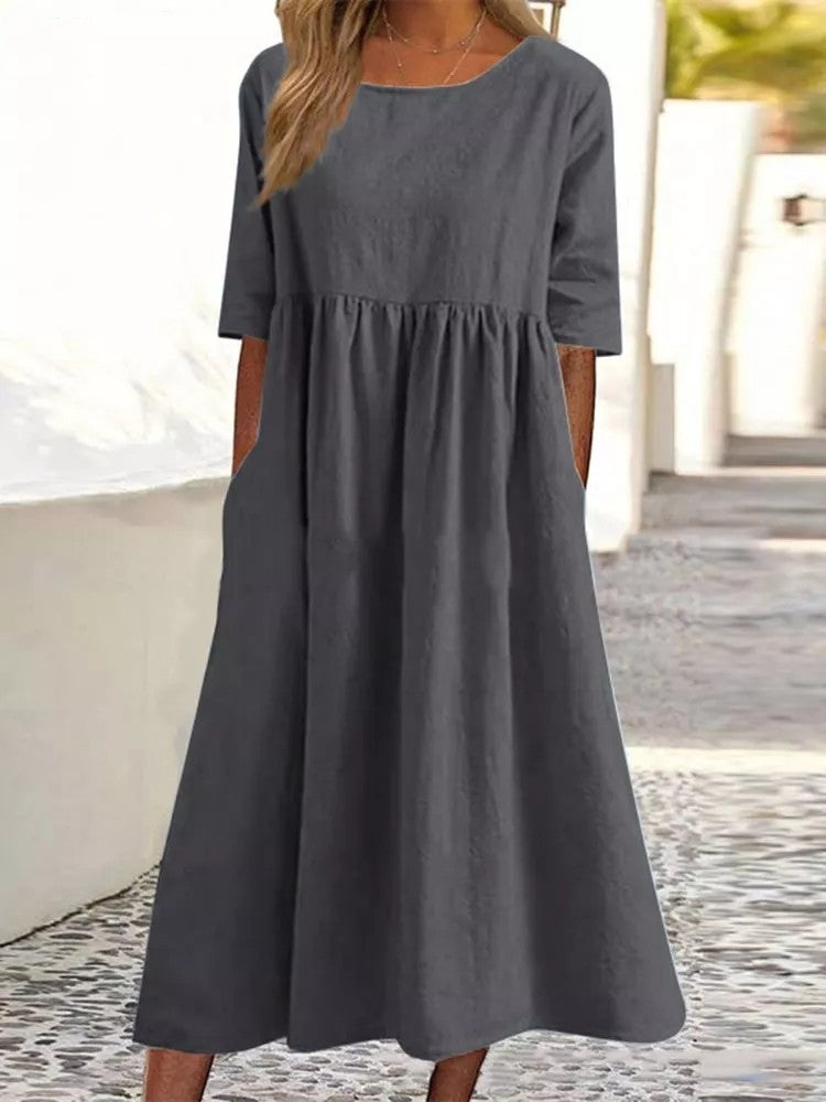 Casual Sleeve Pocket Pleated Loose Round Dress