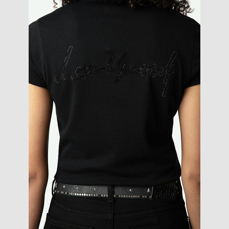 Women's French Niche Letters Flocked Printed Black Blouses