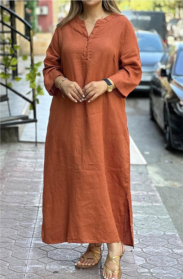 Cotton Linen Solid Color Long Sleeve Dress