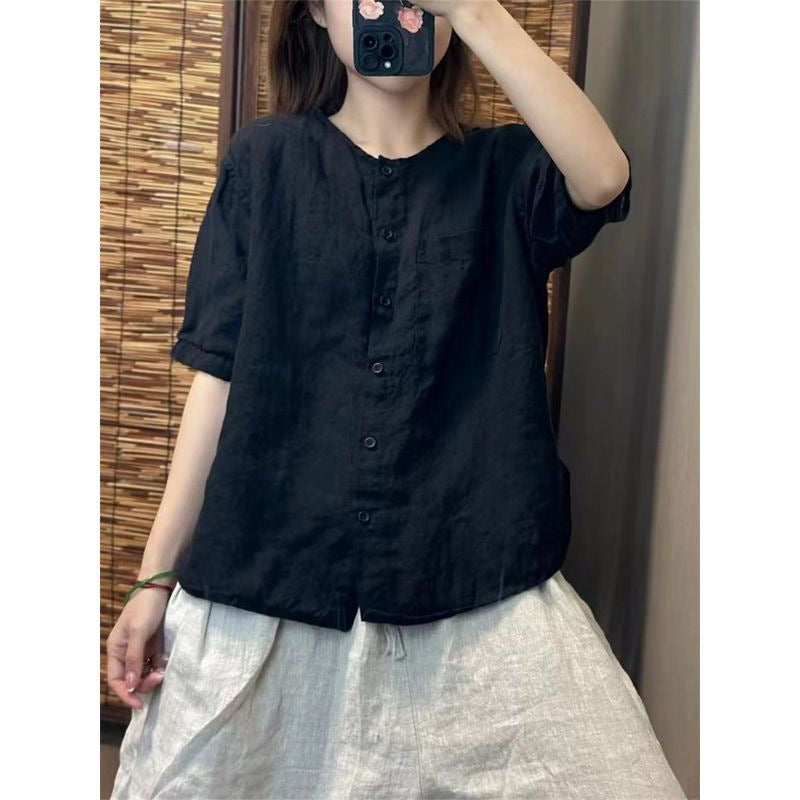 Women's Linen Sleeve Round Neck Shirt Summer Retro Art Loose-fitting Blouses