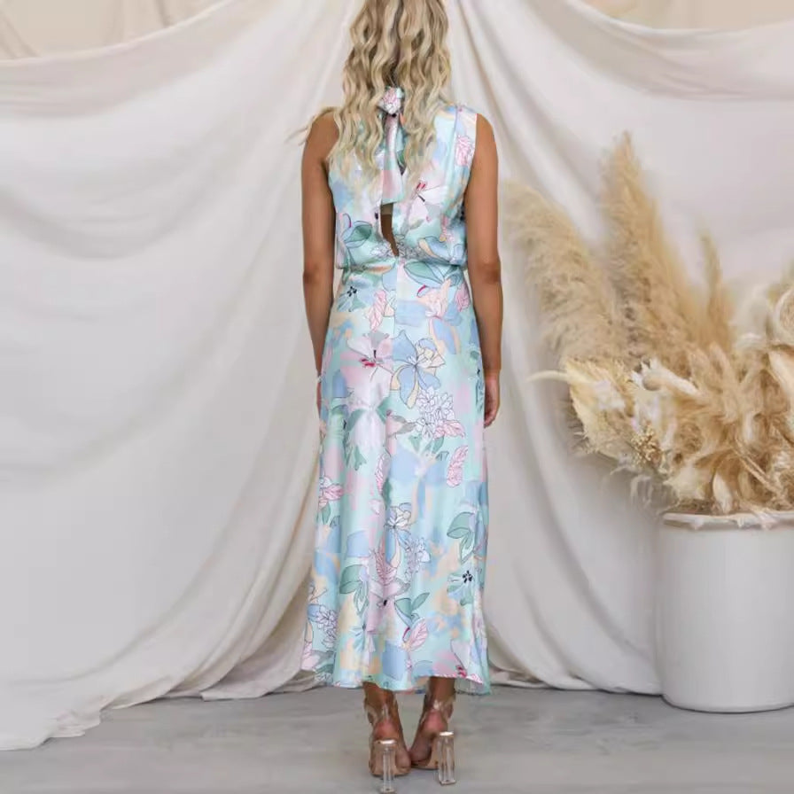 Women's Mature Elegant Sleeveless Strap Printing Satin Dresses