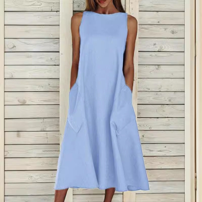 Attractive Round Neck Sleeveless Double Pocket Dress