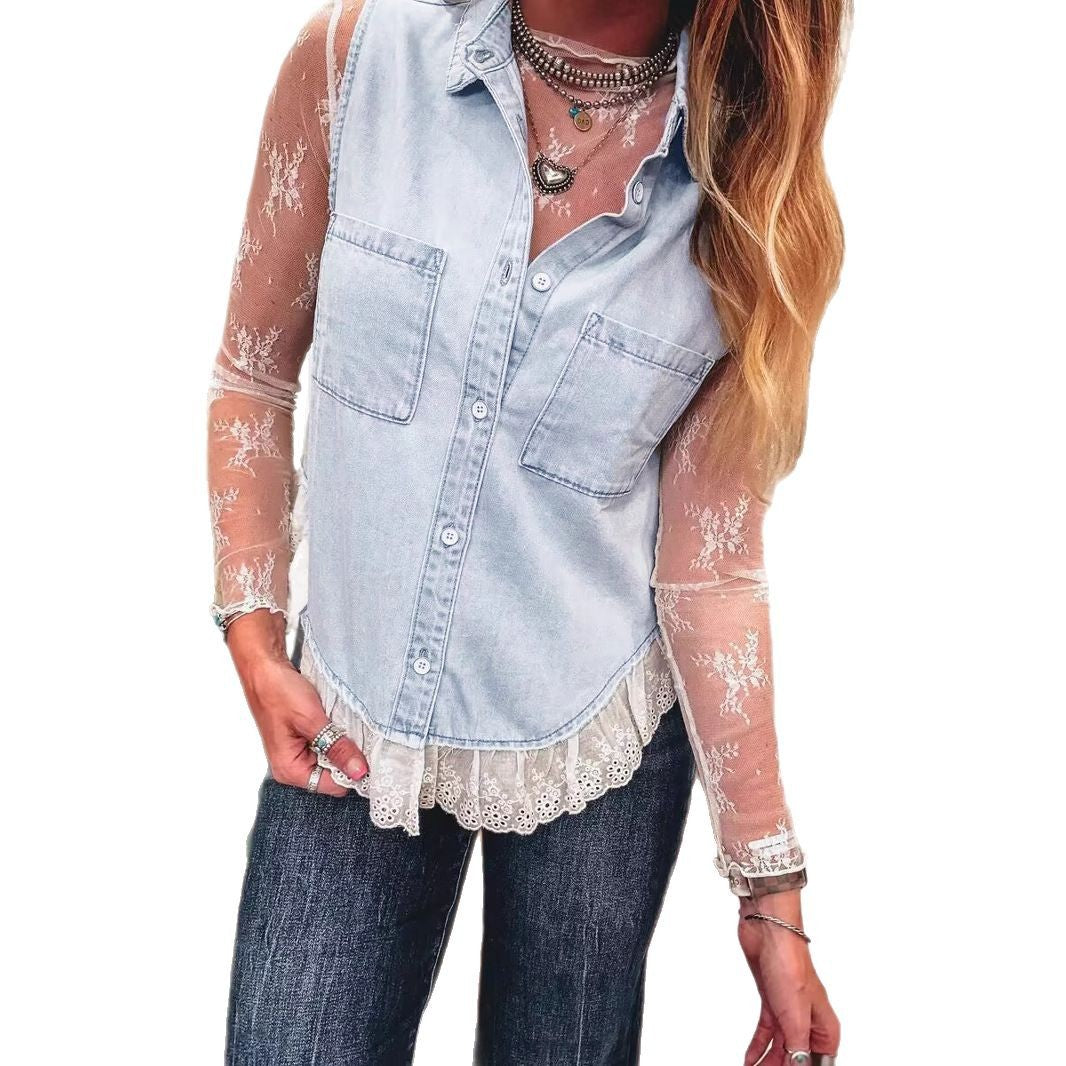 Elegant Russian Lace Stitching Denim Sleeveless Tops
